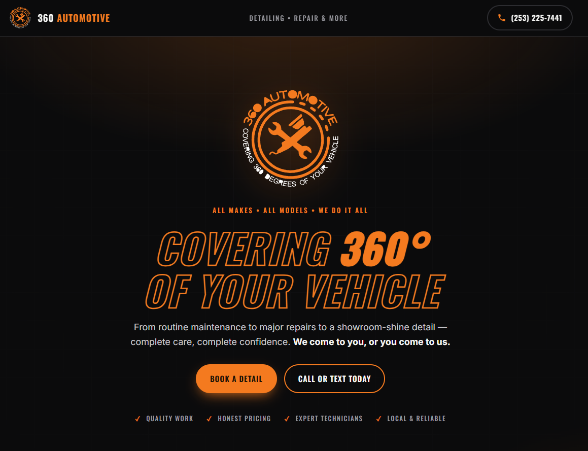 Hero — "Covering 360° of your vehicle." Brand orange against near-black, vectorised logo, condensed-bold display type reverse-engineered from the client's flyers.